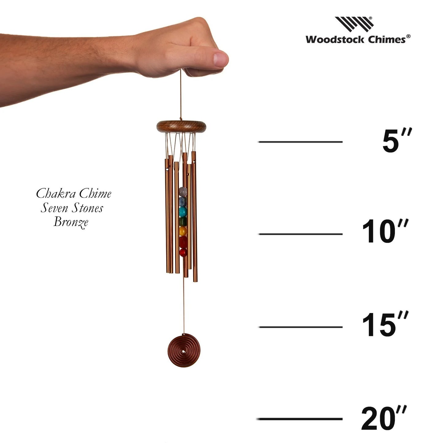 Woodstock Chimes wind chime with measurements on a white background