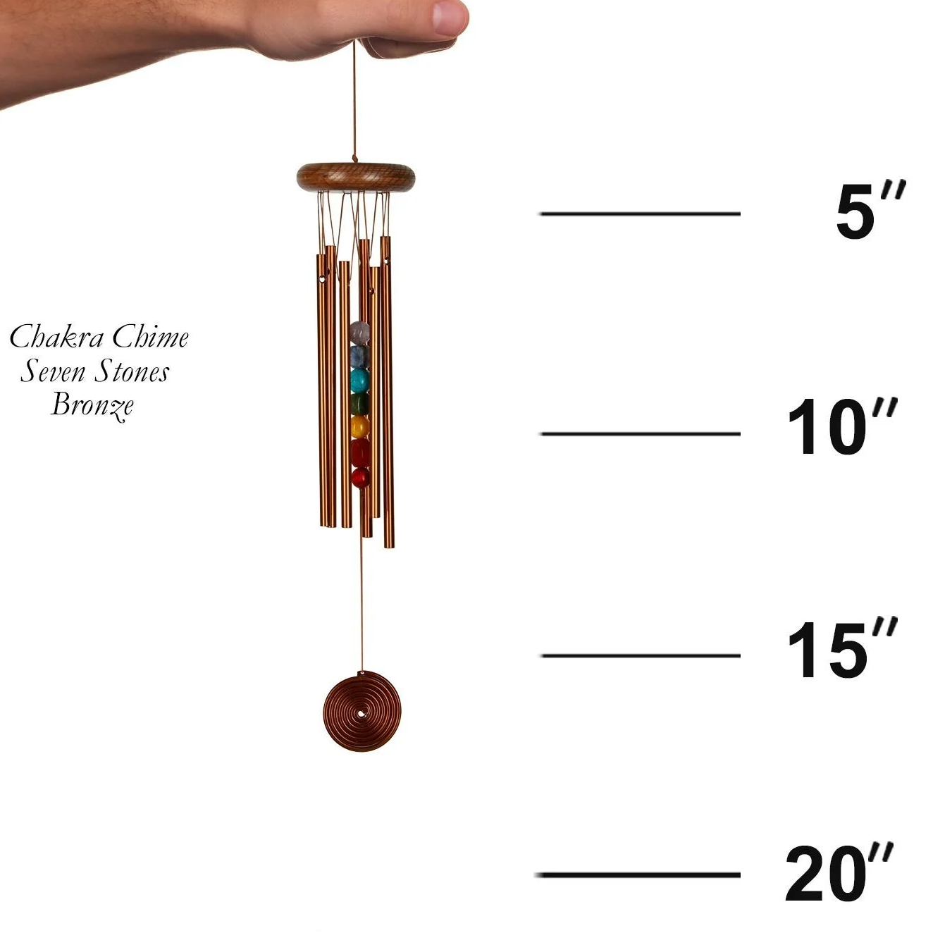 Woodstock Chimes wind chime with measurements on a white background