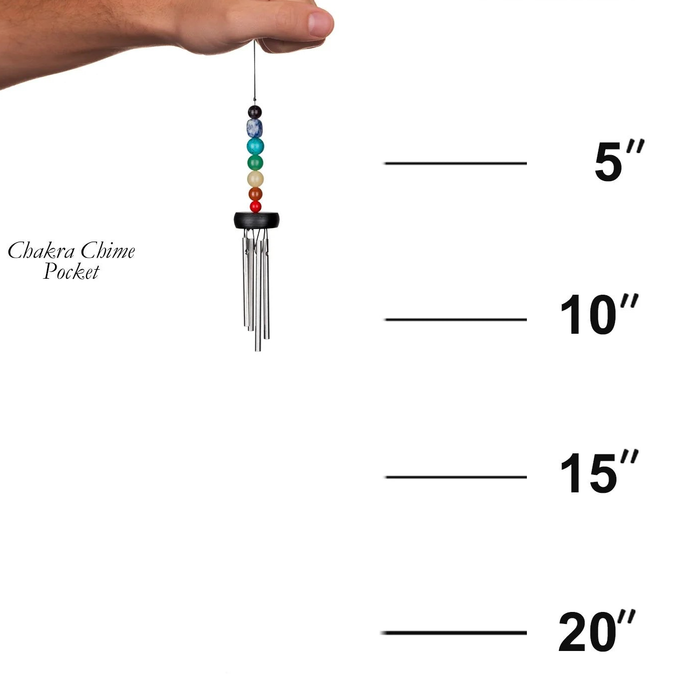 Chakra wind chime held by a hand with measurement scale, Woodstock Chimes brand visible