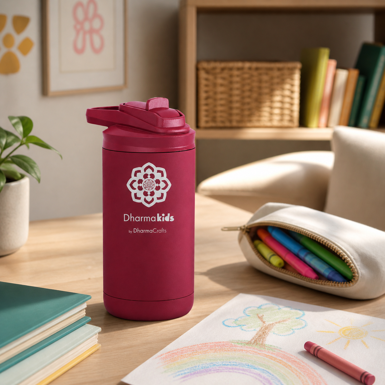 Red water bottle with DharmaKids logo on a table with books in background and a bag of crayons.