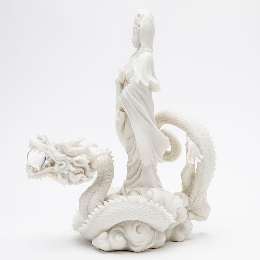 Marble Quan Yin Riding Dragon Statue