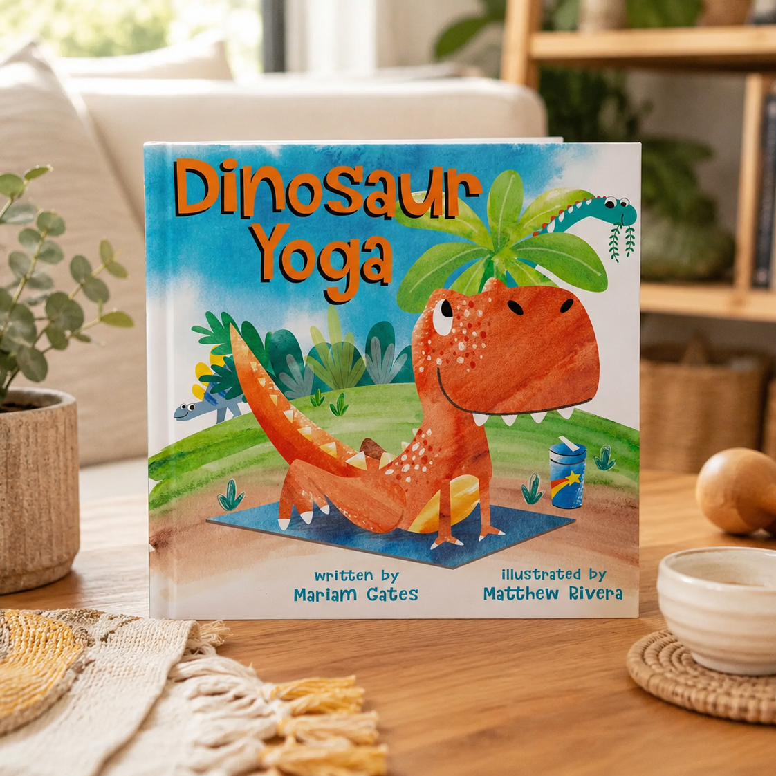 A children's book titled "Dinosaur Yoga" stands open on a wooden table in a cozy living room setting. The cover shows a colorful illustration of an orange dinosaur doing yoga, with playful scenery and the text "written by Manlam Gubec and illustrated by Matthew Silvera.