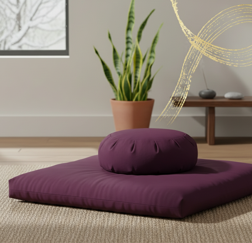 Purple meditation cushion on a mat with a plant and abstract art in the background
