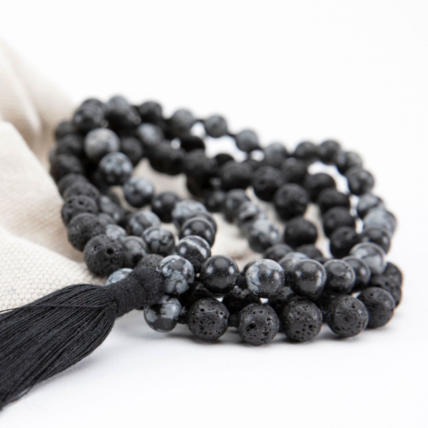 Handmade Prayer Beads: Lava and Snowflake Obsidian Mala