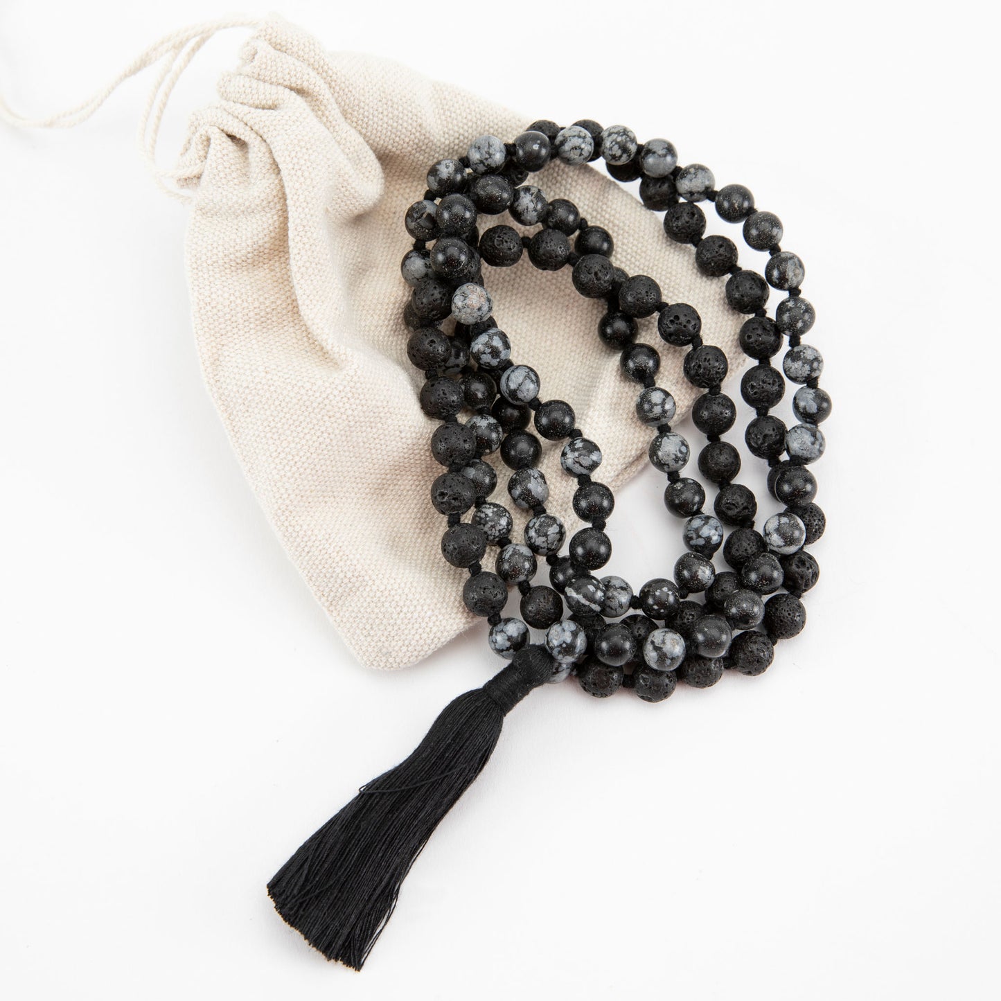 Handmade Prayer Beads: Lava and Snowflake Obsidian Mala