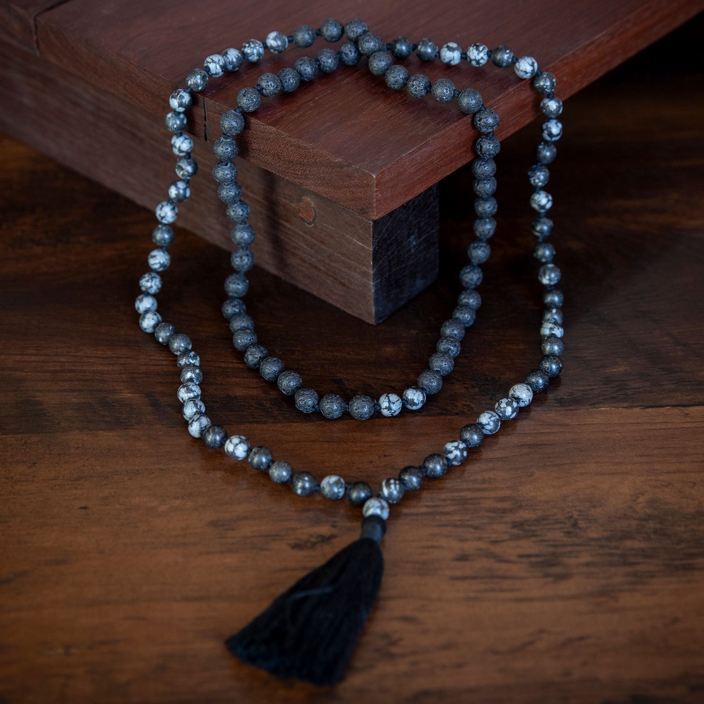 Handmade Prayer Beads: Lava and Snowflake Obsidian Mala