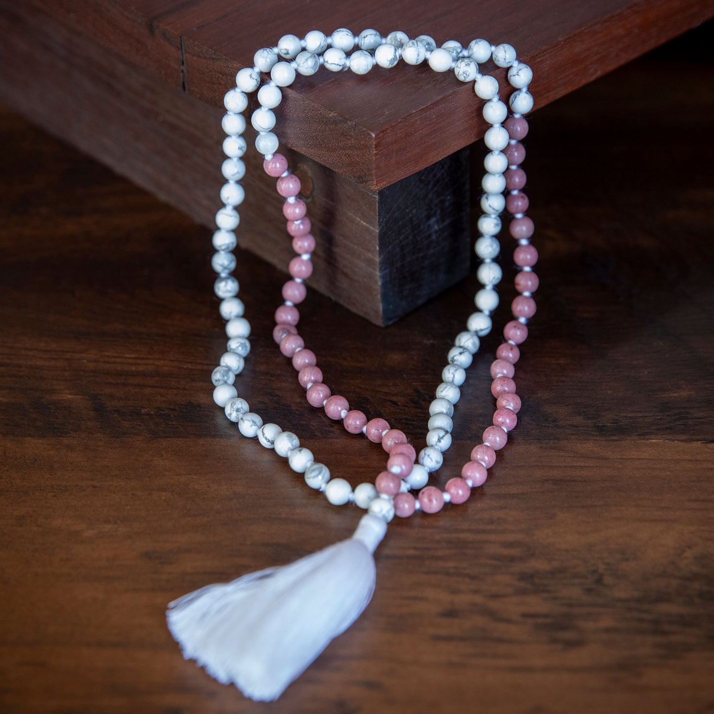 Handmade Prayer Beads: Rhodonite and Howlite Mala
