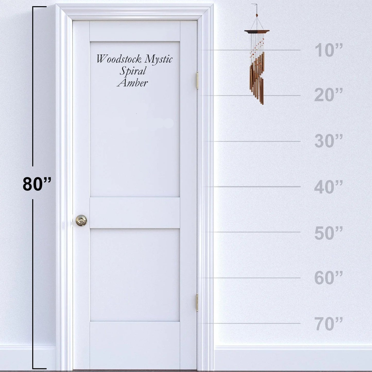 White door with 'Woodstock Mystic Spiral Amber' and 'Woodstock Chimes' branding, shown with a measurement scale.