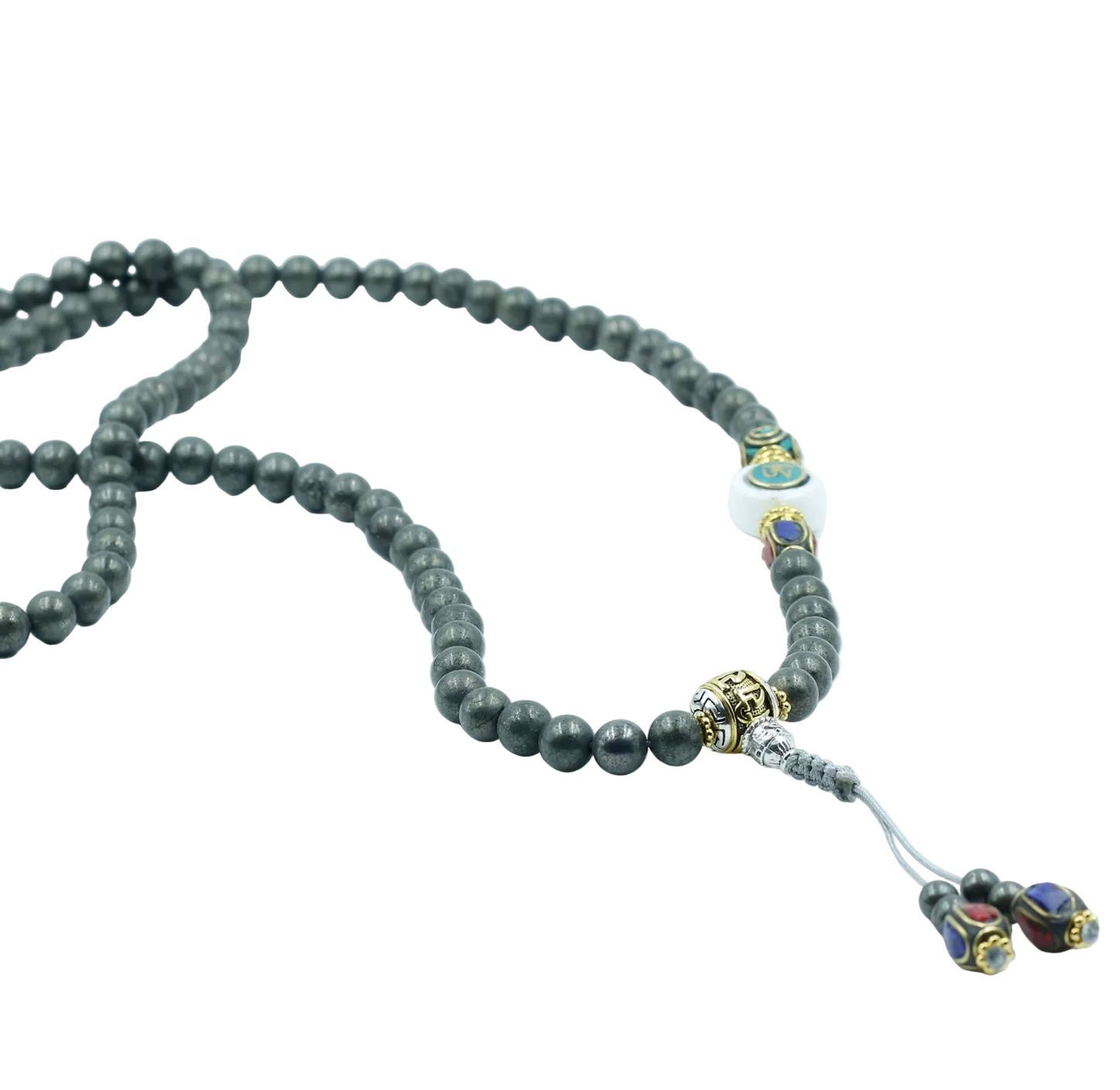 Pyrite mala necklace with decorative elements on a white background
