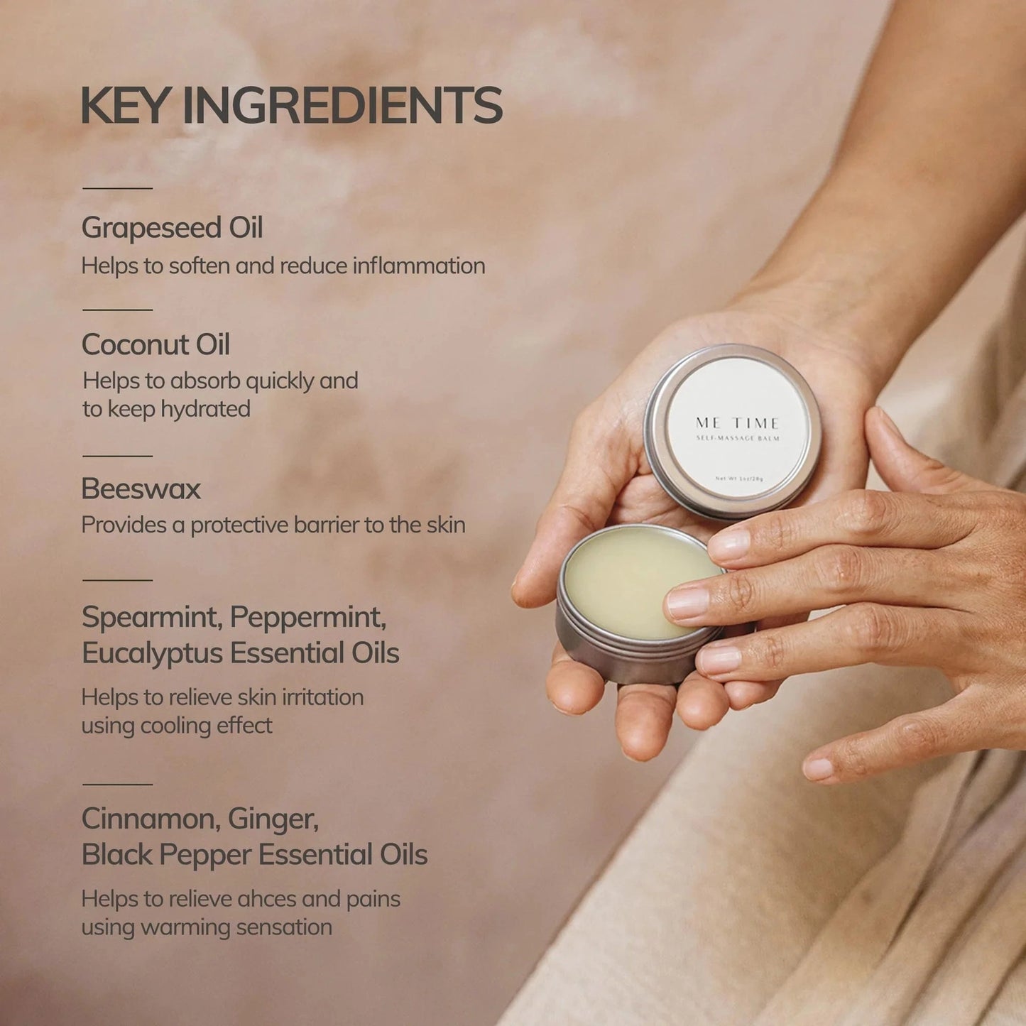Hands holding a small container of cream with key ingredients listed on a beige background