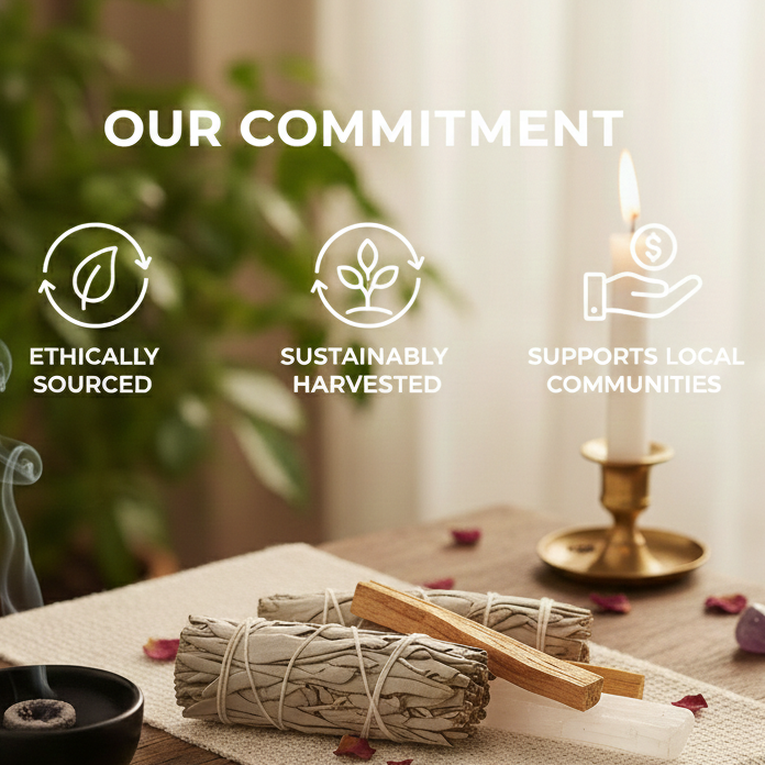 Palo Santo with a candle on a wooden table, surrounded by plants and text about ethical sourcing and sustainability.