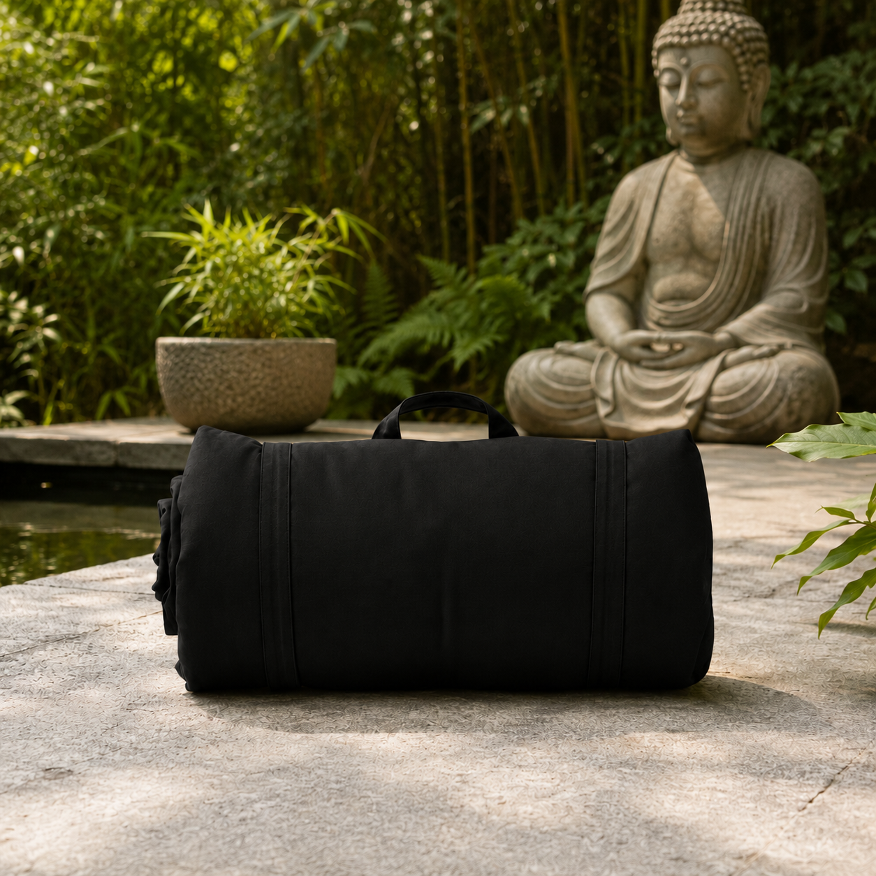 Black yoga mat rolled up on a stone surface with a Buddha statue and bowl in the background.