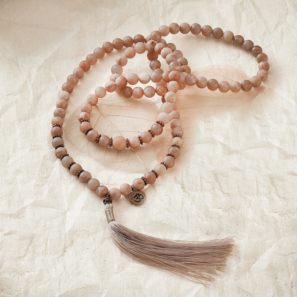 Peach Moonstone Mala, 108 beads