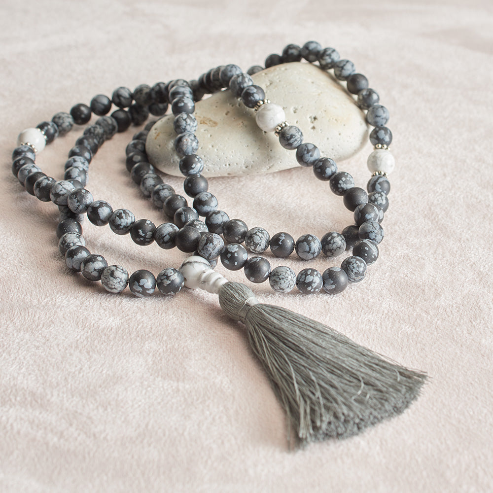 Matte Snowflake Obsidian and Dragon Vein Agate Mala, 108 beads
