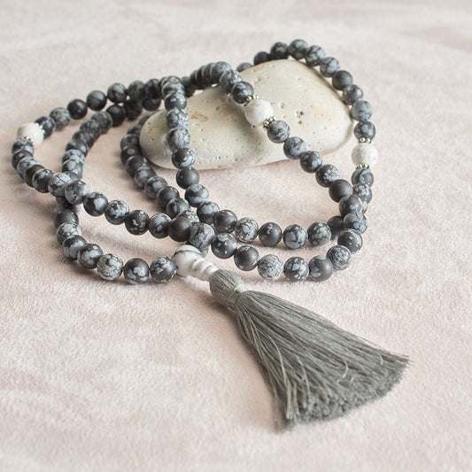 Matte Snowflake Obsidian and Dragon Vein Agate Mala, 108 beads