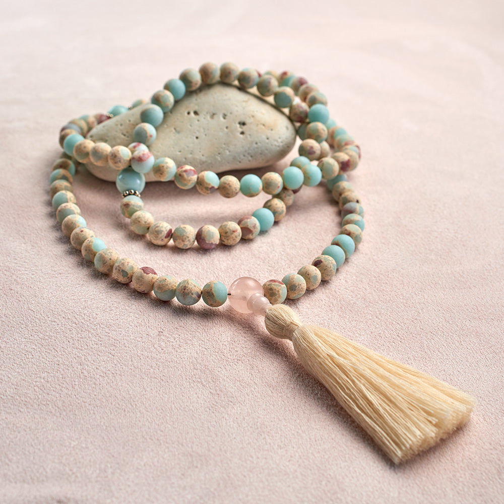 Matte Aqua Terra Jasper and Amazonite Mala, 108 beads
