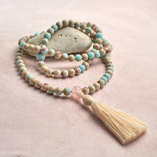Matte Aqua Terra Jasper and Amazonite Mala, 108 beads