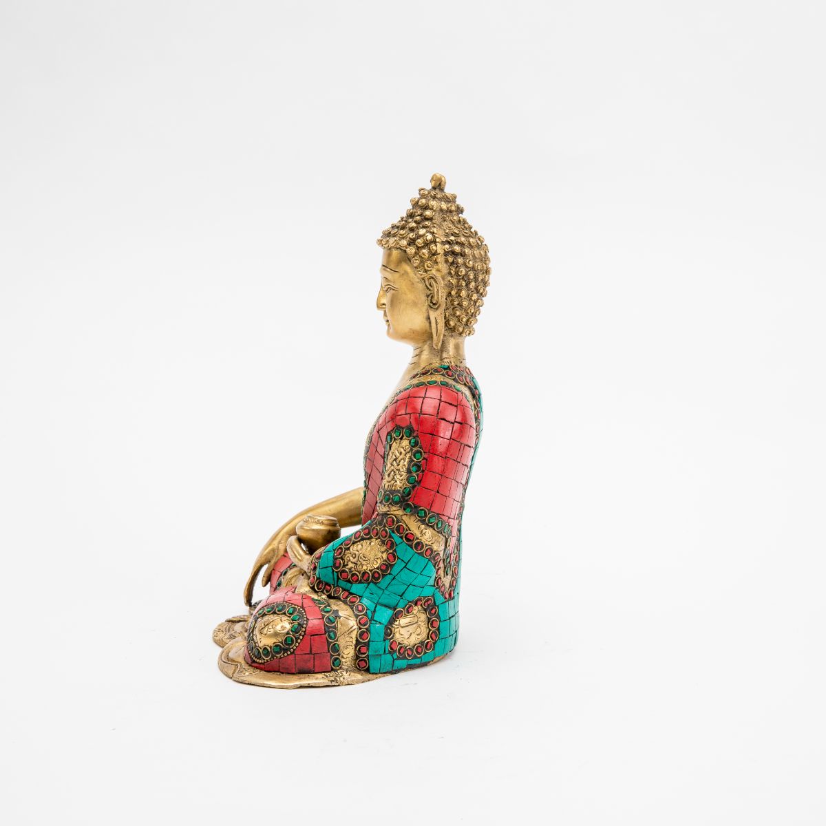 Brass Buddha Statue with Colorful Mosaic Robe - 10"