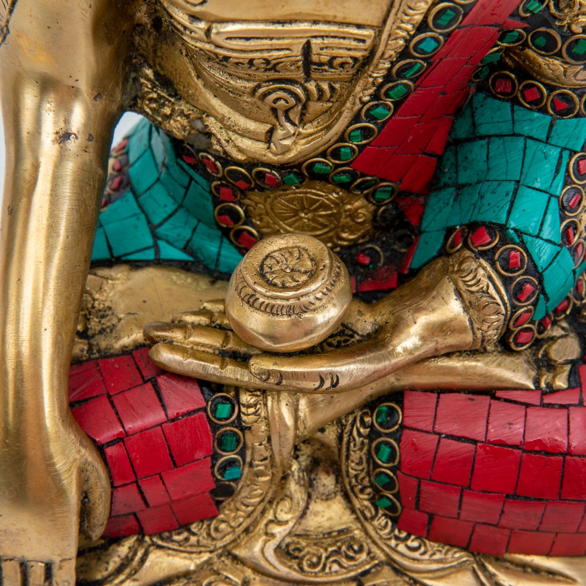 Brass Buddha Statue with Colorful Mosaic Robe - 10"