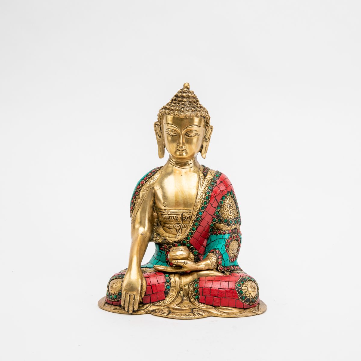 Brass Buddha Statue with Colorful Mosaic Robe - 10"