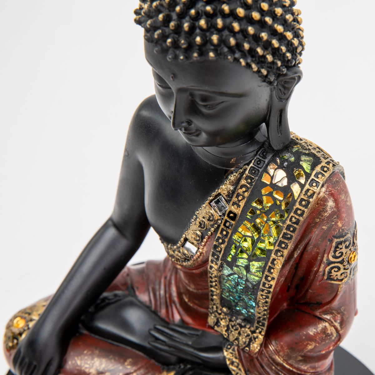 Black Polyresin Buddha Statue with Red Embellished Robe - 9.75"