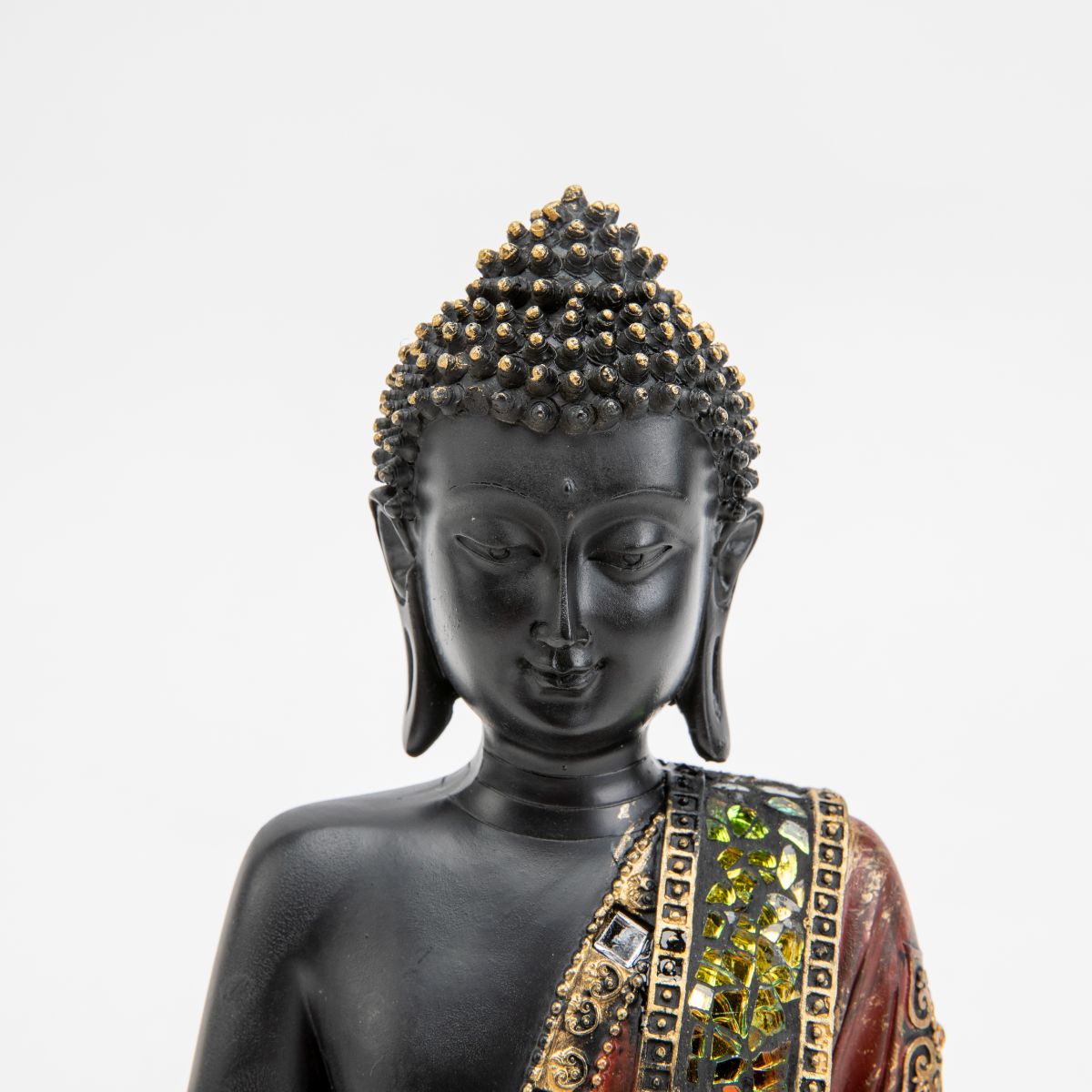 Black Polyresin Buddha Statue with Red Embellished Robe - 9.75"
