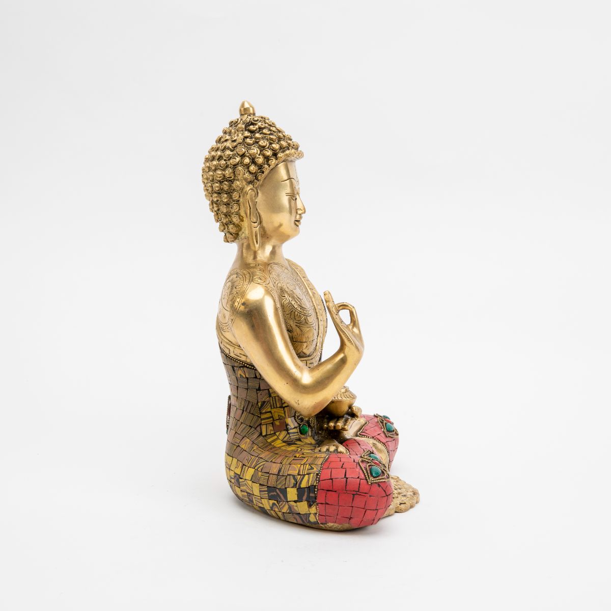 Brass Buddha Statue with Mosaic Detailing - 12"
