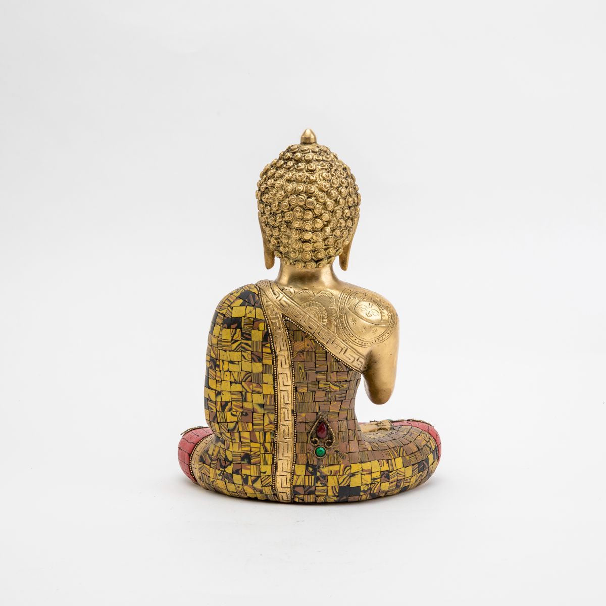 Brass Buddha Statue with Mosaic Detailing - 12"