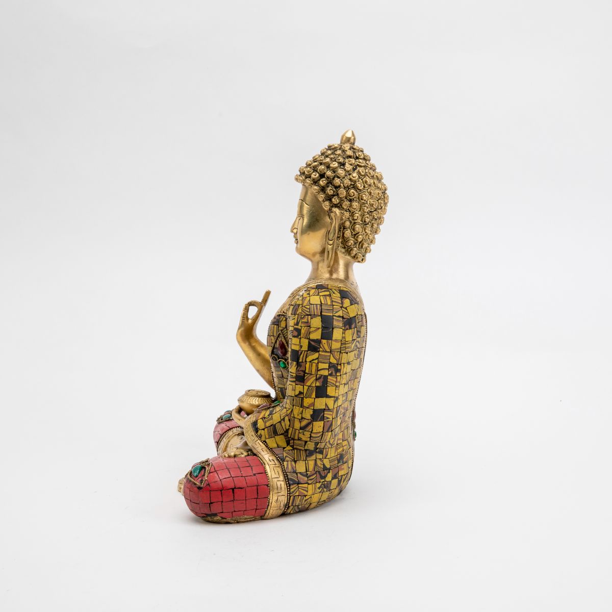 Brass Buddha Statue with Mosaic Detailing - 12"