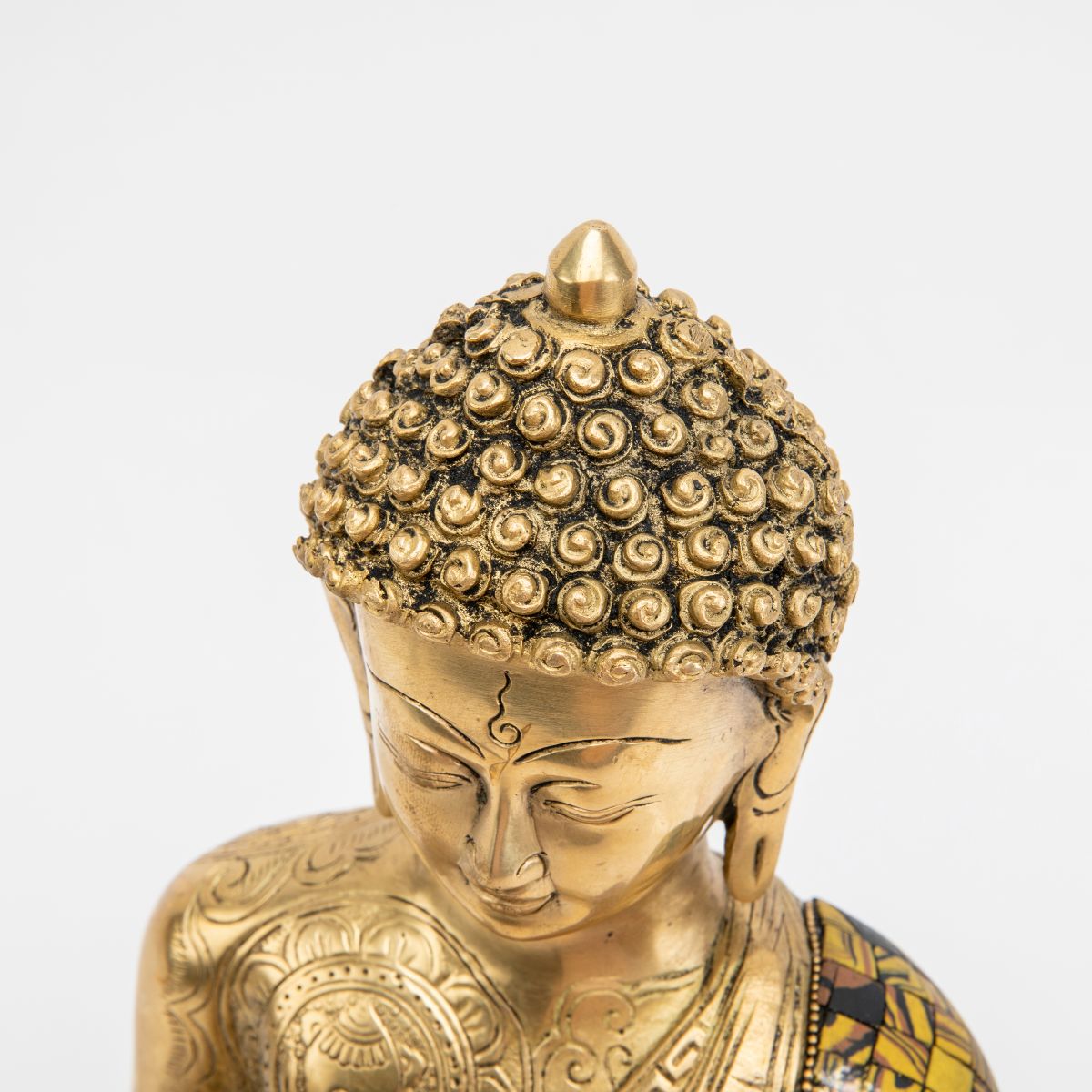 Brass Buddha Statue with Mosaic Detailing - 12"