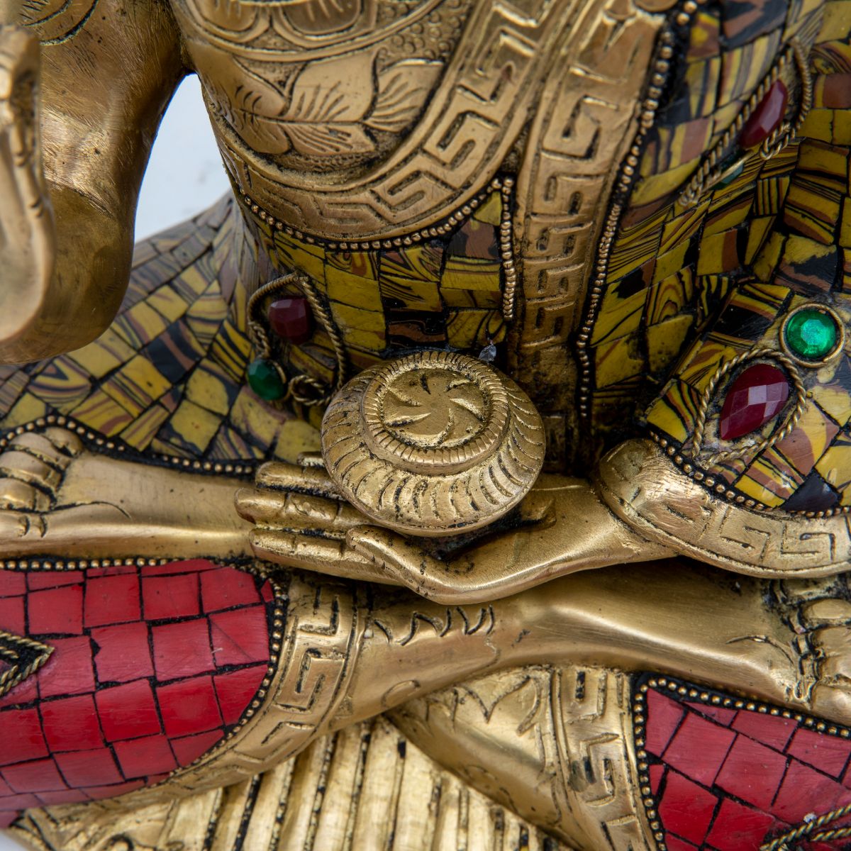 Brass Buddha Statue with Mosaic Detailing - 12"