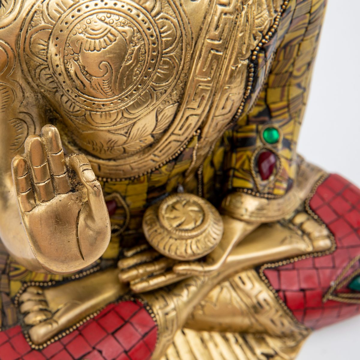 Brass Buddha Statue with Mosaic Detailing - 12"