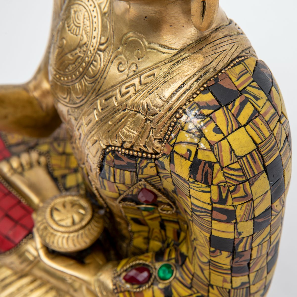 Brass Buddha Statue with Mosaic Detailing - 12"