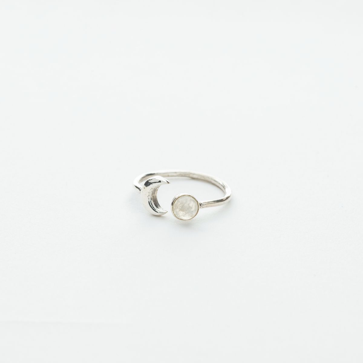 Crescent Moon and Rainbow Moonstone Open Ring in Silver