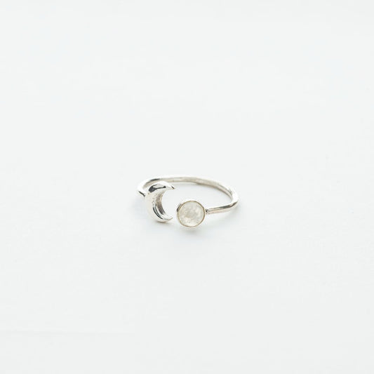 Crescent Moon and Rainbow Moonstone Open Ring in Silver