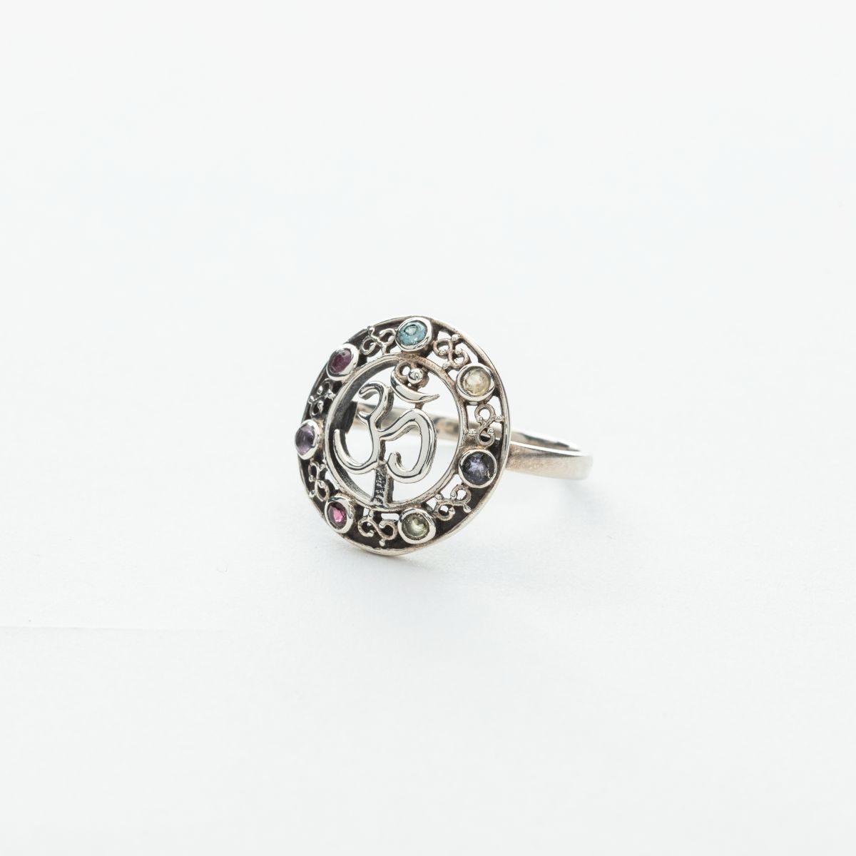 7 Stone Chakra Ring with Om Symbol in Silver