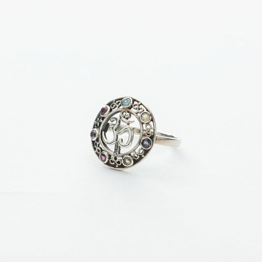 7 Stone Chakra Ring with Om Symbol in Silver