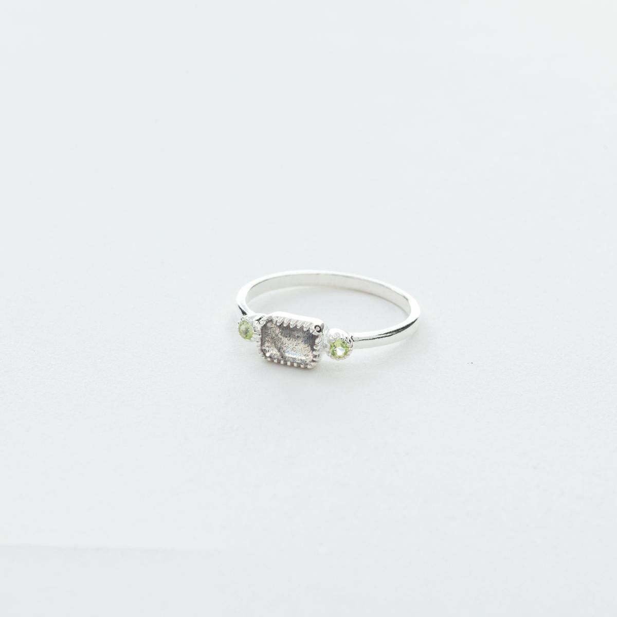 3 Stone Rectangular Labradorite and Peridot Ring in Silver