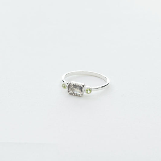 3 Stone Rectangular Labradorite and Peridot Ring in Silver