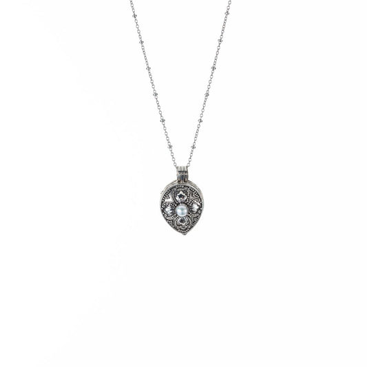 Pear-Shaped Flower Locket Pendant Necklace in Silver