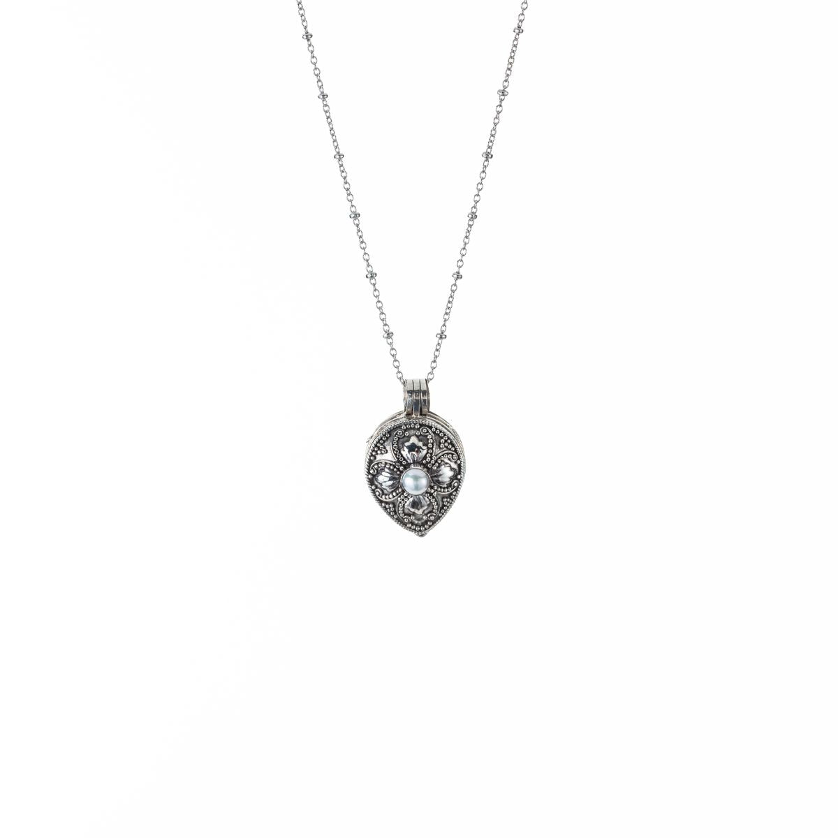 Pear-Shaped Flower Locket Pendant Necklace in Silver