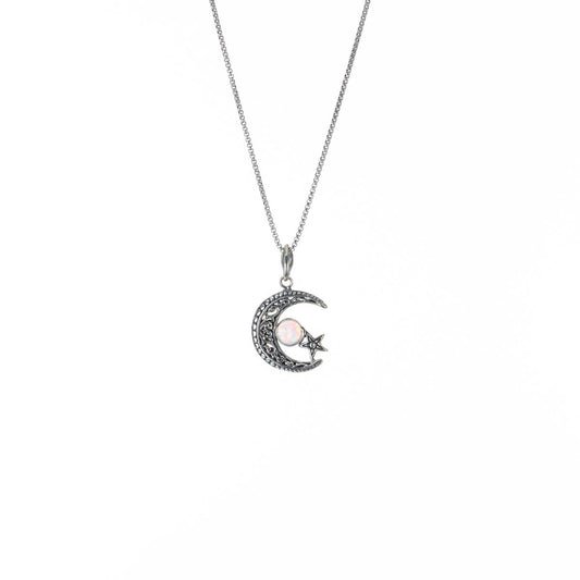 Silver Crescent Moon and Star Pendant Necklace with Opal
