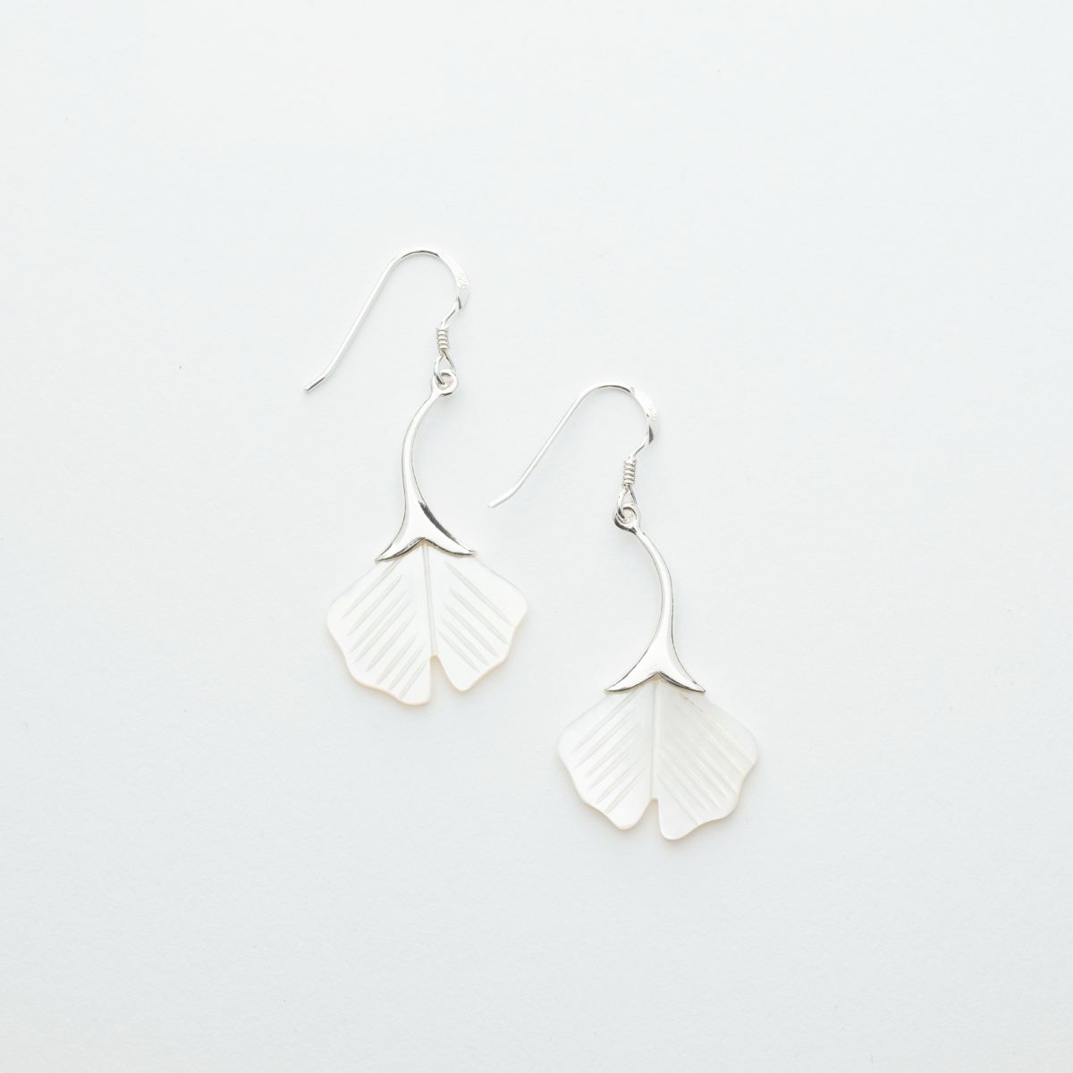 Bodhi Leaf Mother of Pearl Dangle Earrings in Sterling Silver
