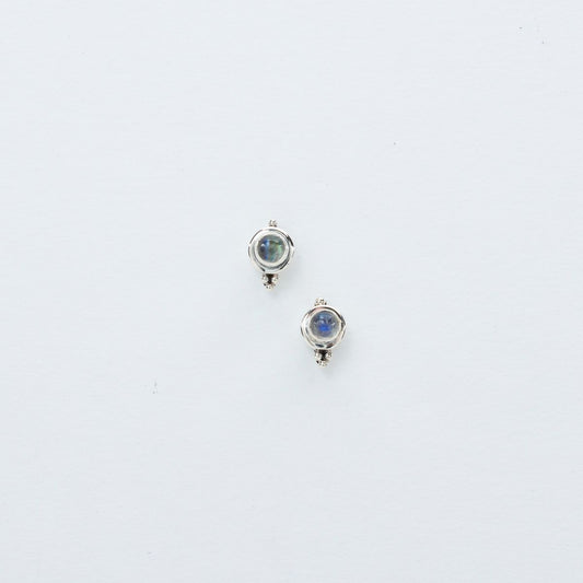 Tiny Rainbow Moonstone Stud Earrings in Sterling Silver