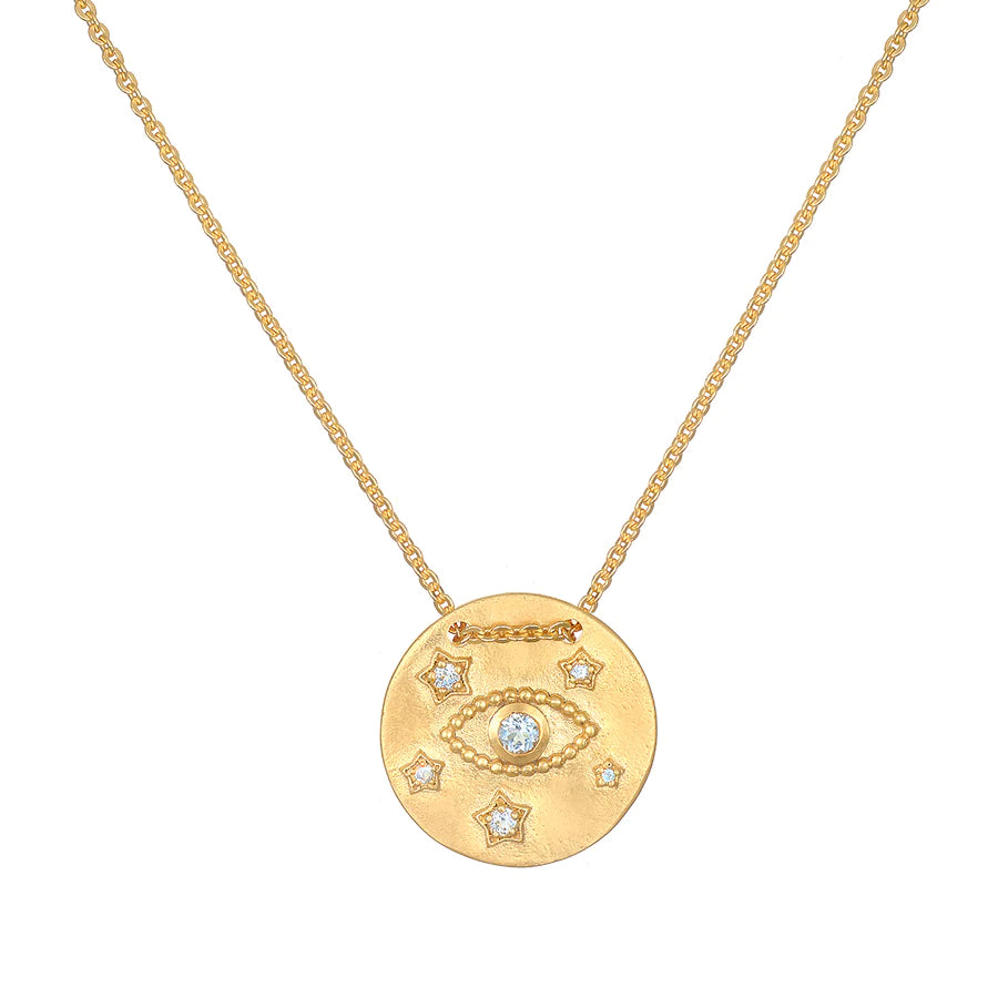 Evil Eye Topaz Celestial Gold Coin Pendant Necklace
