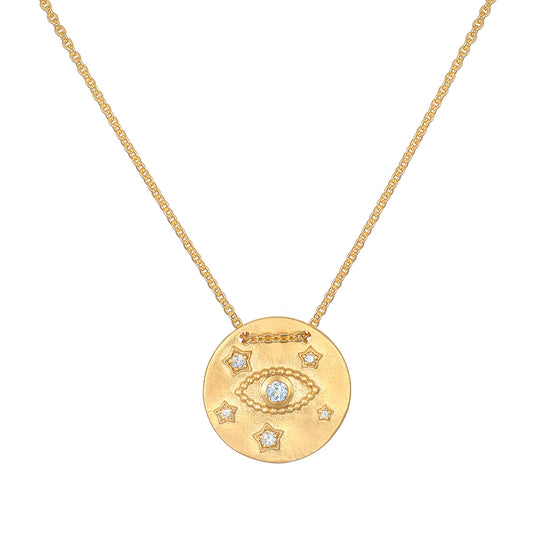 Evil Eye Topaz Celestial Gold Coin Pendant Necklace