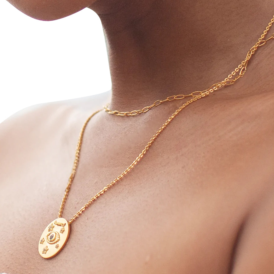 Evil Eye Topaz Celestial Gold Coin Pendant Necklace