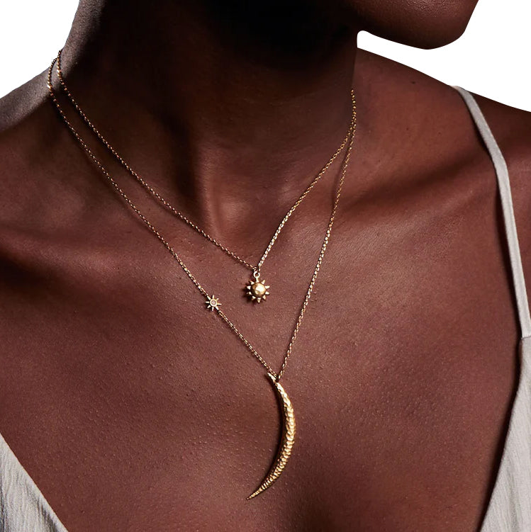 Large Crescent Moon & Star Gold Pendant Necklace