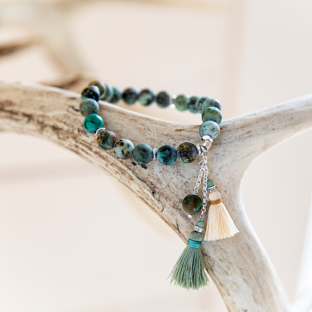 Akha Matte Gemstone and Tassel Bracelet