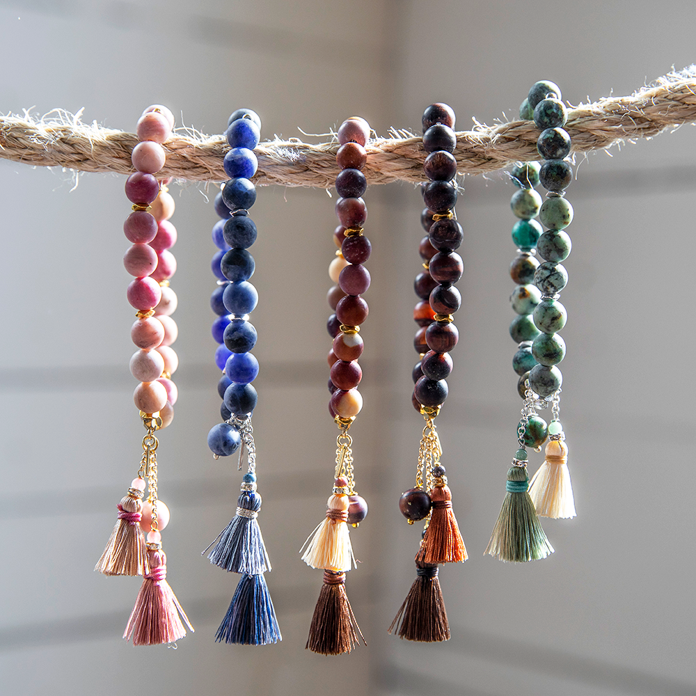 Akha Matte Gemstone and Tassel Bracelet